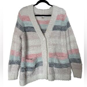 CJ Banks Pastel Striped Eyelash Fabric V-Neck Cardigan